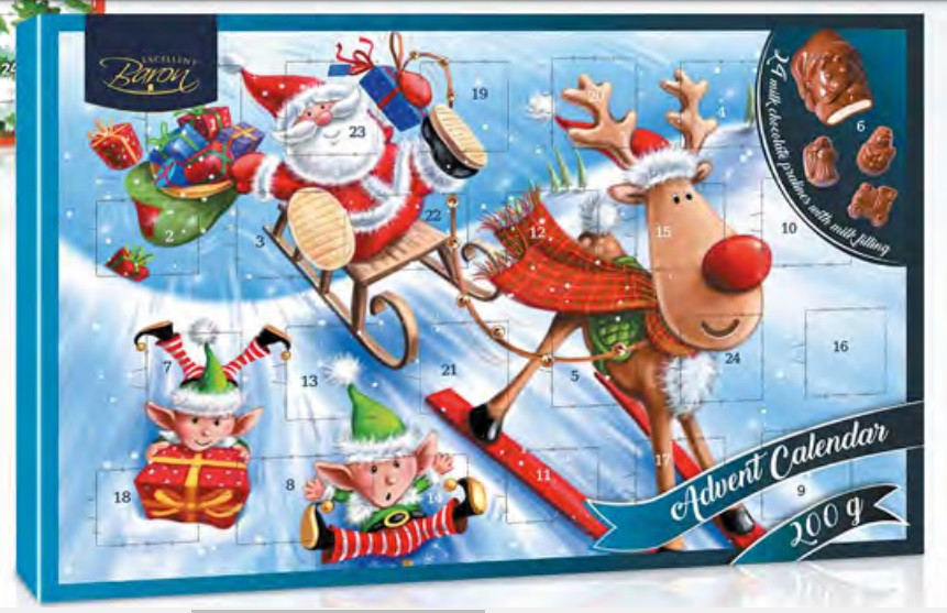 Адвент календар шоколадний Барон Новорічний Baron Kalendarze Adwentowe 200 г Польща, фото 1