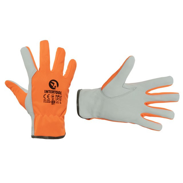 Шкіряна рукавичка комбінована з високоякісної козячої шкіри та флуоресцентної помаранчевої тканини 10" - фото 1 - id-p1524063827