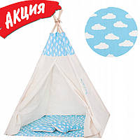 Детский вигвам шалаш Springos Tipi XXL Игровая палатка для детей Шатер для игр для дома Белый/Голубой