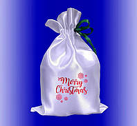 Мешочек упаковка для новогодних подарков c принтом Merry Christmas белый атласный 17Х25 см