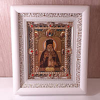 Икона Лука Святитель, архиепископ Красноярский и Крымский, лик 10х12 см, в белом деревянном киоте с камнями