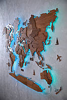 Деревянная Карта мира на стену с подсветкой Орех