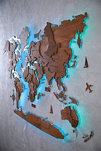 Дерев'яна Карта світу на стіну з підсвічуванням Горіх