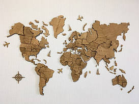 Карта світу на стіну дерев'яна багатошарова з країнами та столицями 3Д