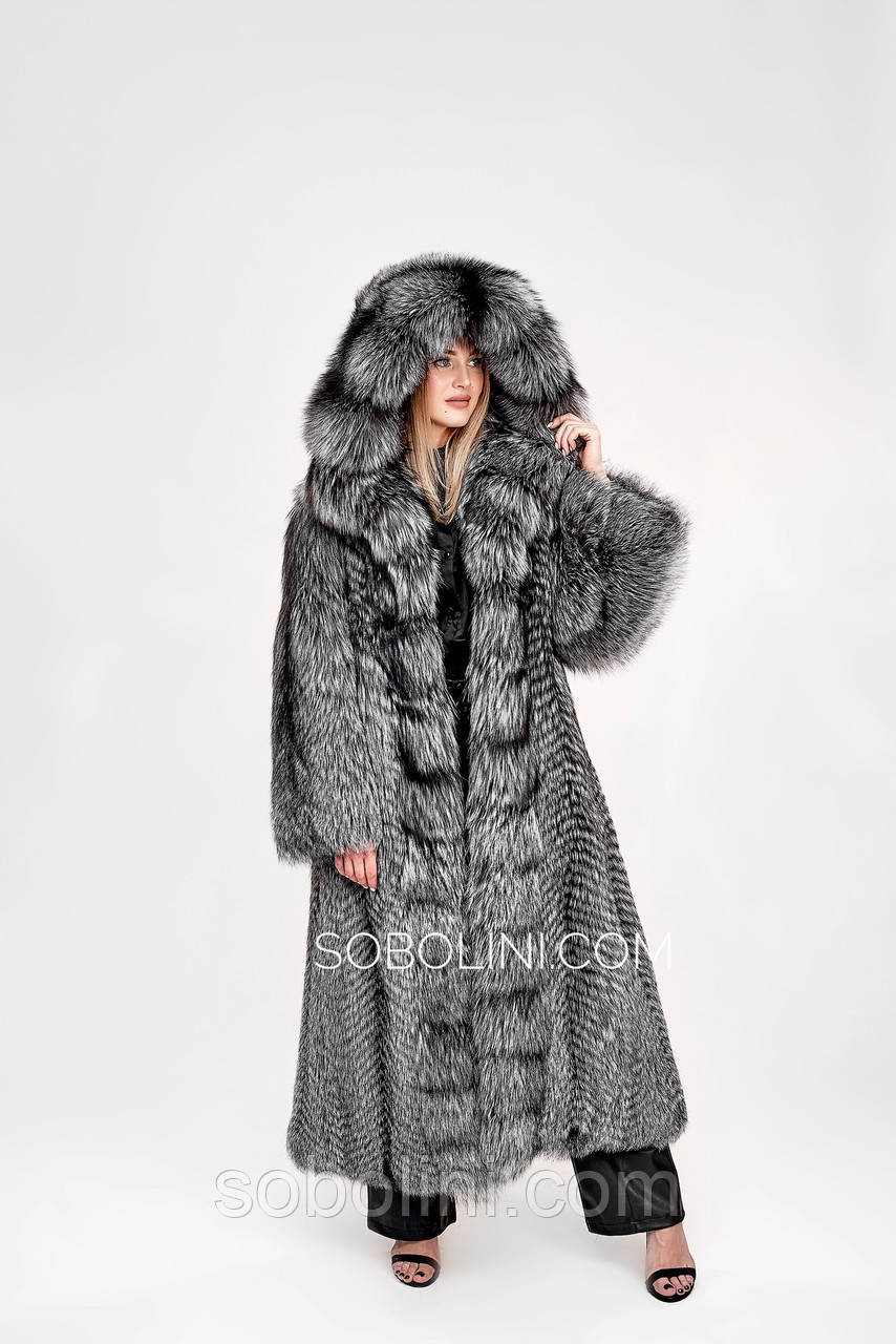 Шуба з чорнобурки з капюшоном, довжина 125 см, фото 1