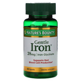 Залізо м'якої дії 28 мг Nature's Bounty Gentle Iron з фолієвою кислотою вітамінами B12 C 90 капсул