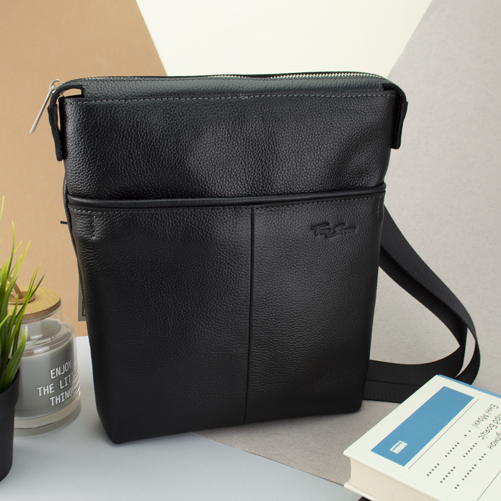 Сумка чоловіча шкіряна чорна на блискавці Tom Stone 314 B