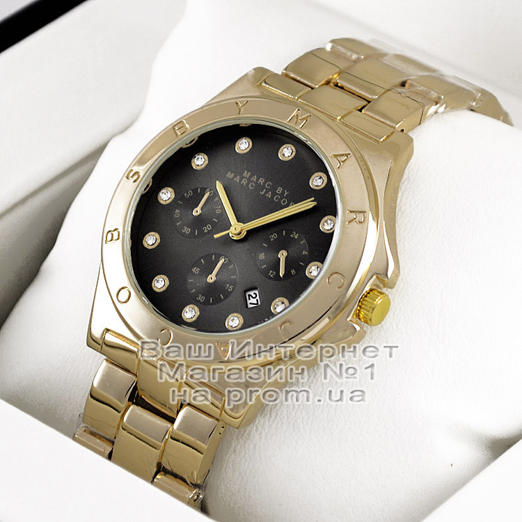 Чоловічий наручний годинник Marc Jacobs Quartz Gold Black Dimond унісекс Маркбалс преміум