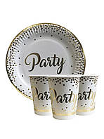 Набор праздничной посуды белая в золотой горох и надпись Party