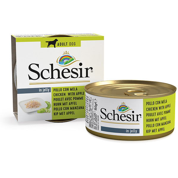 Вологий корм Schesir (Шезир) Chicken Аpple для собак шматочки в желе з куркою та яблуком 150 г, фото 1