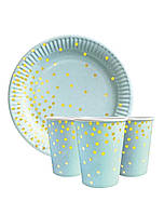 Набор праздничной посуды голубая в золотой горох