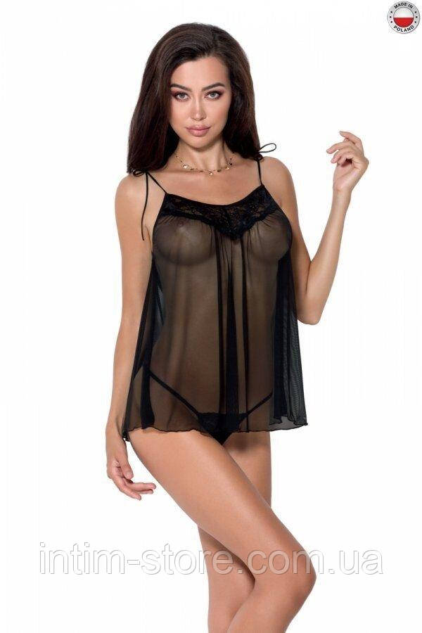 Сорочка прозора бебі дол MELANIA CHEMISE black L/XL - Passion, трусики, на тонких бретелях EL16304, фото 1