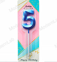 Свечи - цифры в торт "5", высота - 5 см, цвет - синий металлик