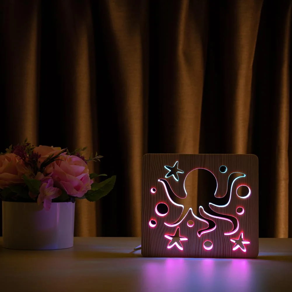 Світильник-нічник із дерева ArtEco Light "Вісьминог" з пультом і регулюванням кольору (подвійний RGB)