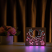 Светильник-ночник из дерева ArtEco Light "Осьминог" с пультом и регулировкой цвета (двойной RGB)