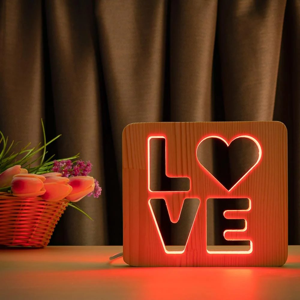 Деревянный светильник-ночник ArtEco Light "LOVE" с пультом и регулировкой цвета (двойной RGB), фото 1