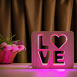 Деревянный светильник-ночник ArtEco Light "LOVE" с пультом и регулировкой цвета (двойной RGB), фото 2