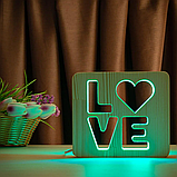 Деревянный светильник-ночник ArtEco Light "LOVE" с пультом и регулировкой цвета (двойной RGB), фото 7