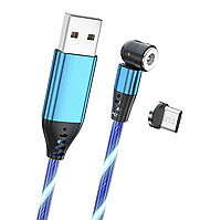 USB - micro USB кабель магнитный со струящейся подсветкой 2.4А 540° 1м с коннектором - синий