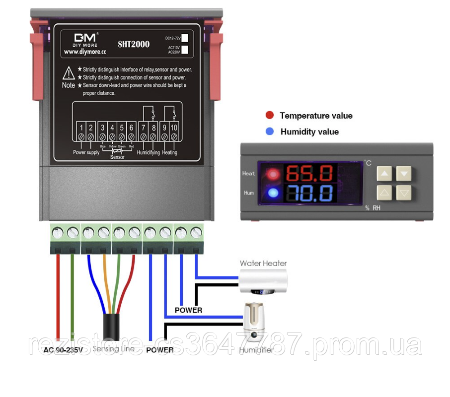 Цифровой регулятор температуры и влажности SHT2000 с датчиком, -20°C +60°C, влажность 0-100%RH, 220В два реле - фото 3 - id-p1524612220