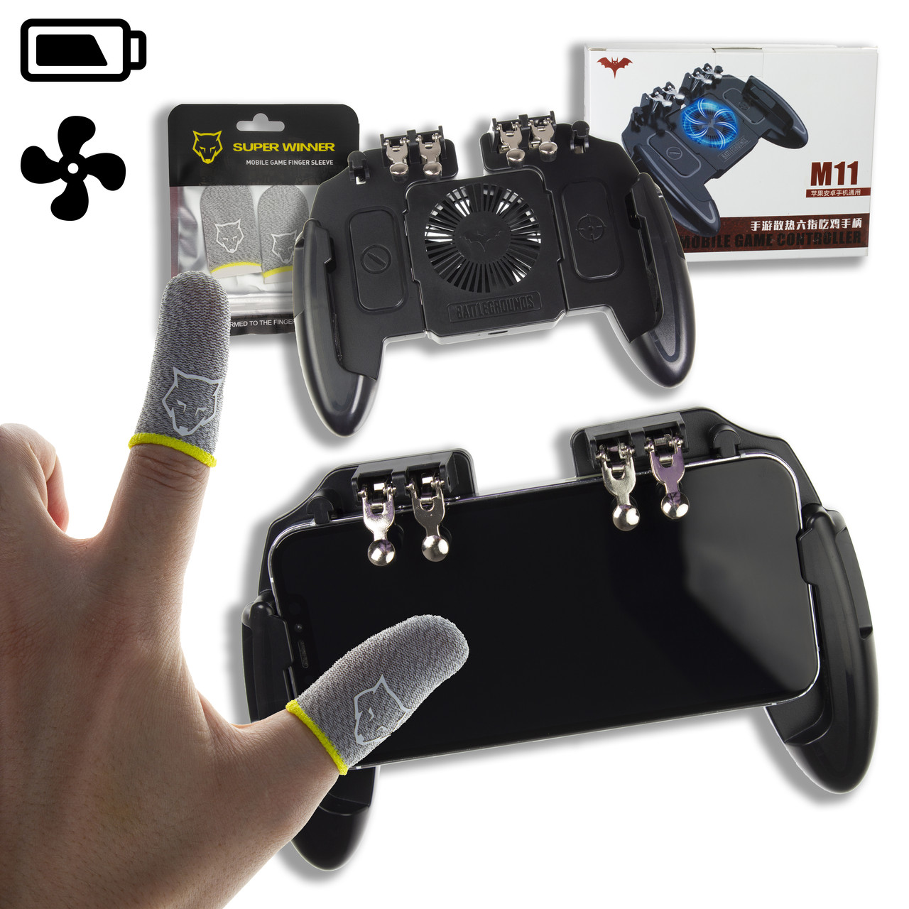 Комплект 2в1 ігровий геймпад з охолодженням M11 4 курка напальчники для гри на телефоні pubg mobile standoff
