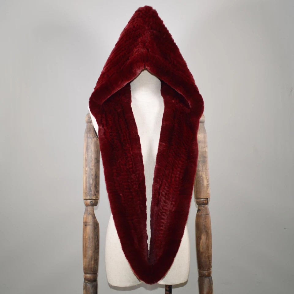 Капор снуд із хутра кролика суцільний бордовий, фото 1