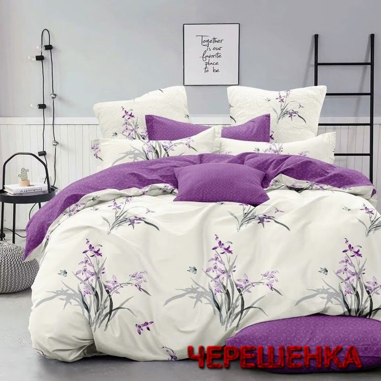 Тканина для постільної білизни Бязь "Gold" Lux GL1785 (A+B) - (50м+50м) квіти на кремовому, фіолетовий низ