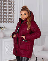 Р 48-62 Удлиненная зимняя куртка с капюшоном Батал 24713 52-54, Бордовый