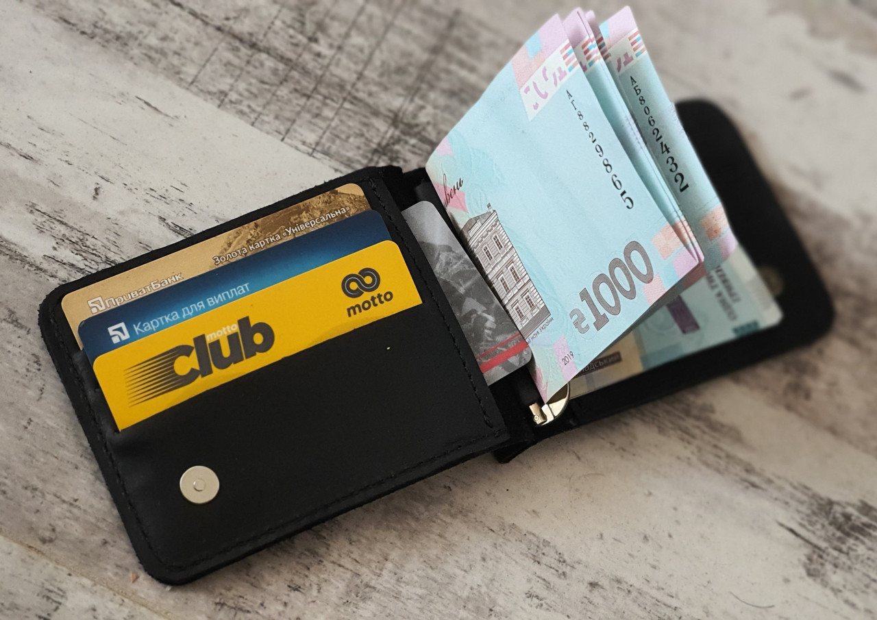 Шкіряний затиск для грошей з монетницейю GS 8.5*12.5 см чорний, фото 1