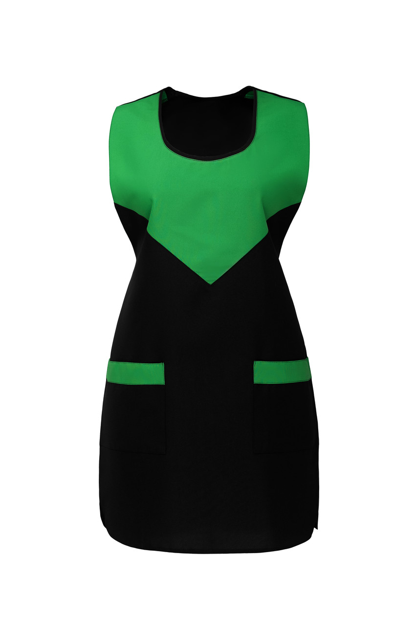 Фартух робочий для продавця на зав'язках, подвійний, для жінок, з кишенями, габардин "Трикутник"з яскраво зеленими вставками