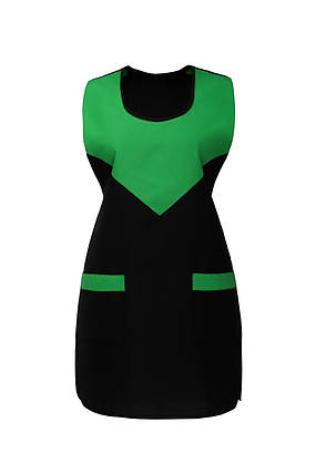 Фартух робочий для продавця на зав'язках, подвійний, для жінок, з кишенями, габардин "Трикутник"з яскраво зеленими вставками, фото 1