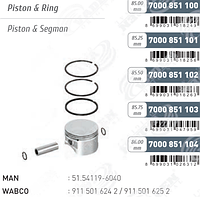 Поршень компрессора с кольцами 85 мм WABCO, MB, MAN, VOLVO, SCANIA, RVI, IVECO 9115016242