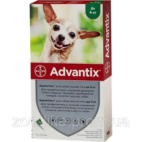 Капли от блох и клещей Bayer Advantix для собак весом до 4 кг, цена за 1 пипетку - фото 1 - id-p995012432