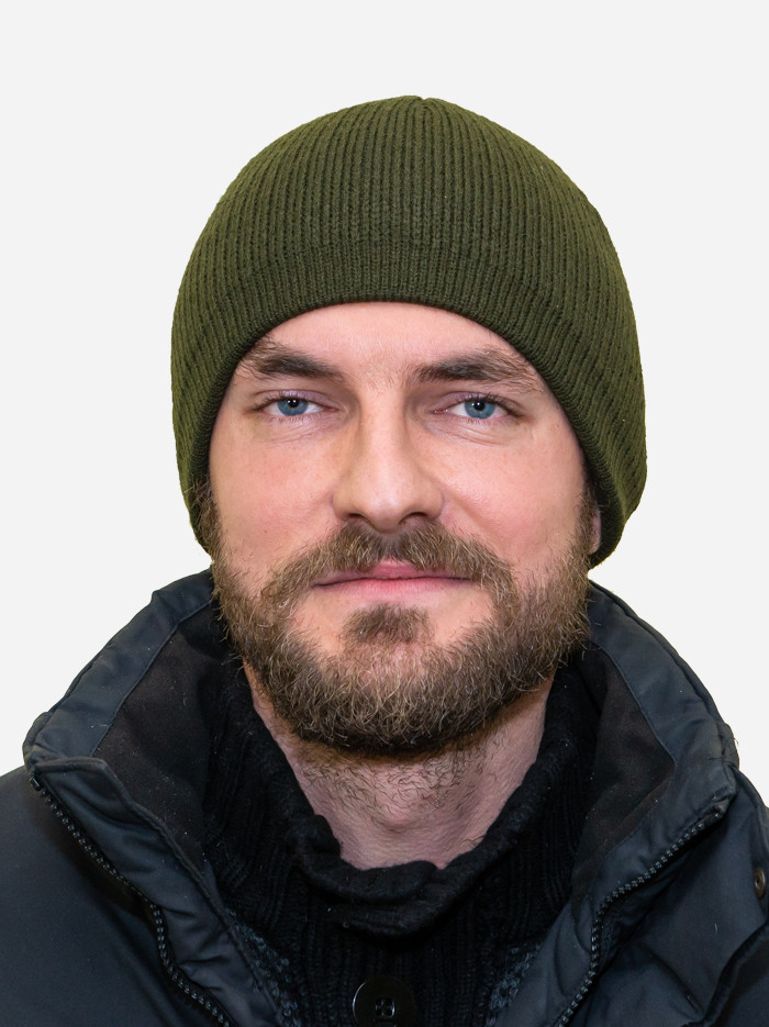 Зимова в'язана чоловіча стильна шапка Лео з флісовою підкладкою khaki колір хакі