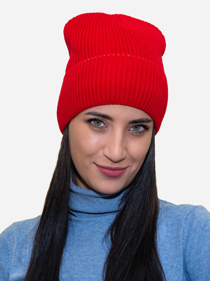 Жіноча в'язана шапка зимова тепла стильна висока біні в рубчик Лео Red червона