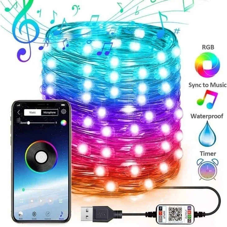 Світлодіодна смарт-гірлянда нитка 20 м 200 LED RGB управління через додаток Bluetooth і WiFi USB живлення