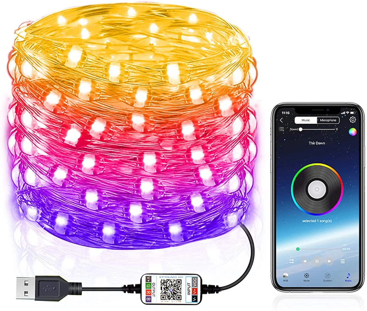 Світлодіодна смарт-гірлянда нитка 5 м 50 LED RGB управління через додаток Bluetooth і WiFi USB живлення, фото 1