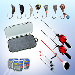 Комплект для зимової риболовлі, вольфрамові морми, вудки, кивки, зимова волосінь