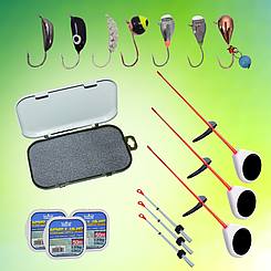 Комплект для зимової риболовлі, вольфрамові морми, вудки, ківки, зимова волосінь