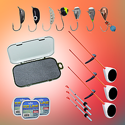 Комплект для зимової риболовлі, вольфрамові морми, вудки, кивки, зимова волосінь