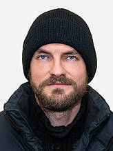 Тепла чоловіча шапка чорна стильна вязана зимова Лео з відворотом молодіжна