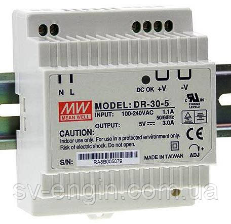 DR-30-24, DR-30-15, DR-30-12, DR-30-5 — однофазні джерела живлення Mean Well (на DIN-рейку), фото 1