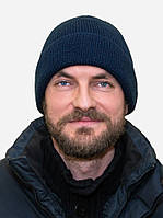 Тепла чоловіча шапка в'язана стильна якісна Лео з закотом колір navy blue