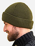 Тепла в'язана чоловіча шапка зимова Лео з закотом колір olive, фото 2