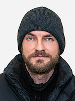 Теплая мужская вязаная шапка Лео с отворотом серого цвета