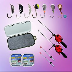 Комплект для зимової риболовлі, вольфрамові морми, вудки, кивки, зимова волосінь