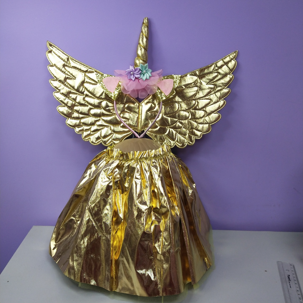 Костюм новорічний 3-8 років єдиноріг спідниця й обруч золотий колір, фото 1