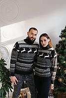 Свитера с оленями для двоих черные | Новогодние свитера парные семейные с оленями ЛЮКС качества