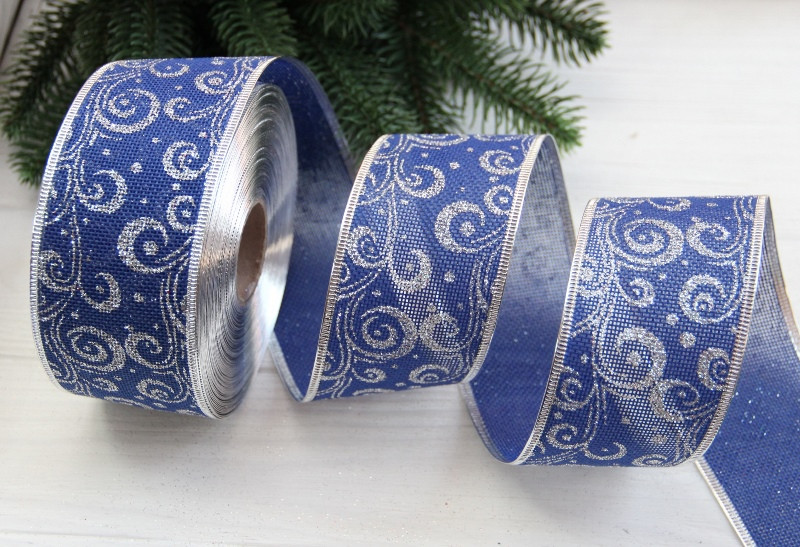 Стрічка новорічна 6,3 см " Орнамент на мішковині", синя зі сріблом, 6 метрів