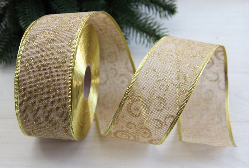 Стрічка новорічна 6,3 см " Орнамент на мішковині", натуральний колір рулон 22,5 метра
